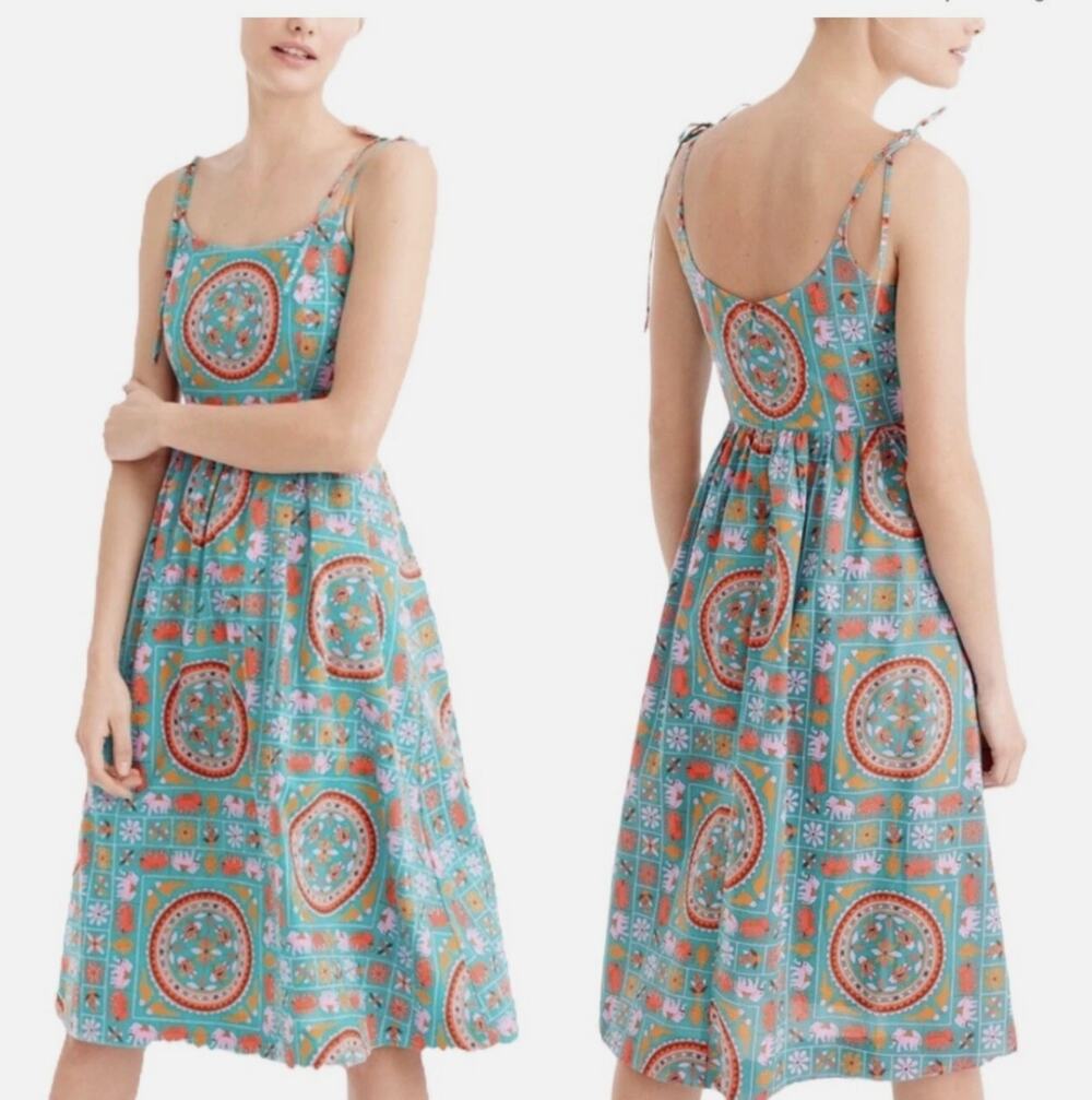 J.Crew Drake's London Midi Dress Womens 6 Green Animal Print Floral Tie Straps